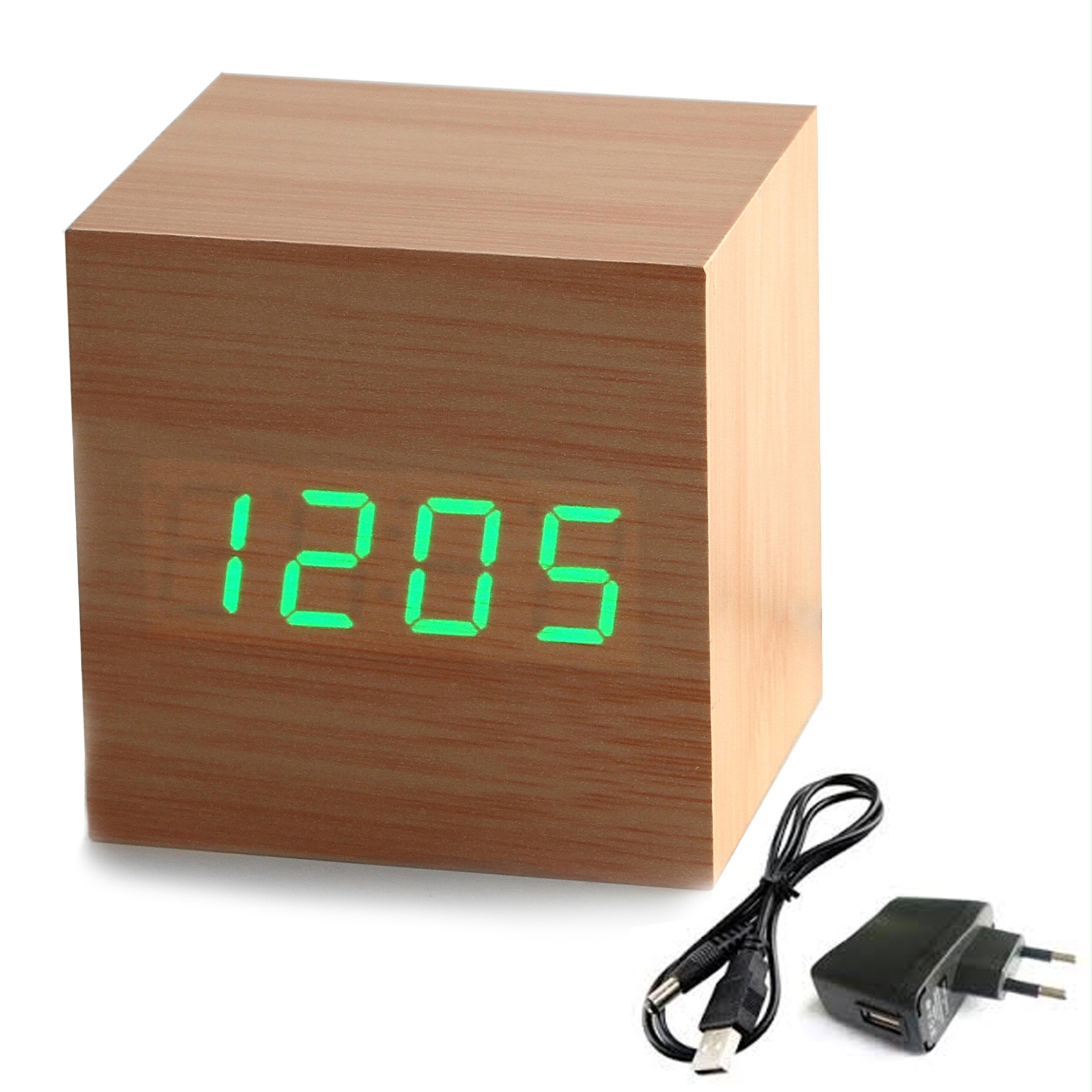 Часы будильник с адаптером wood clock green