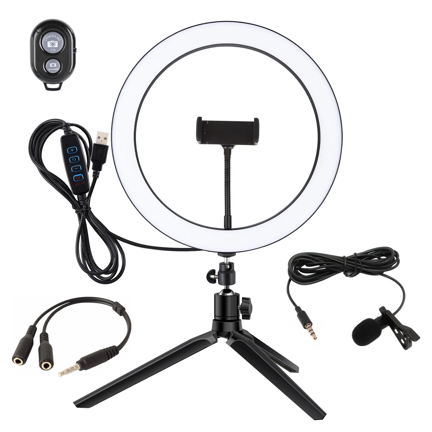 Набор блогера LED лампа 26см настольный трипод + петличный микрофон + пульт UFTTLL02
