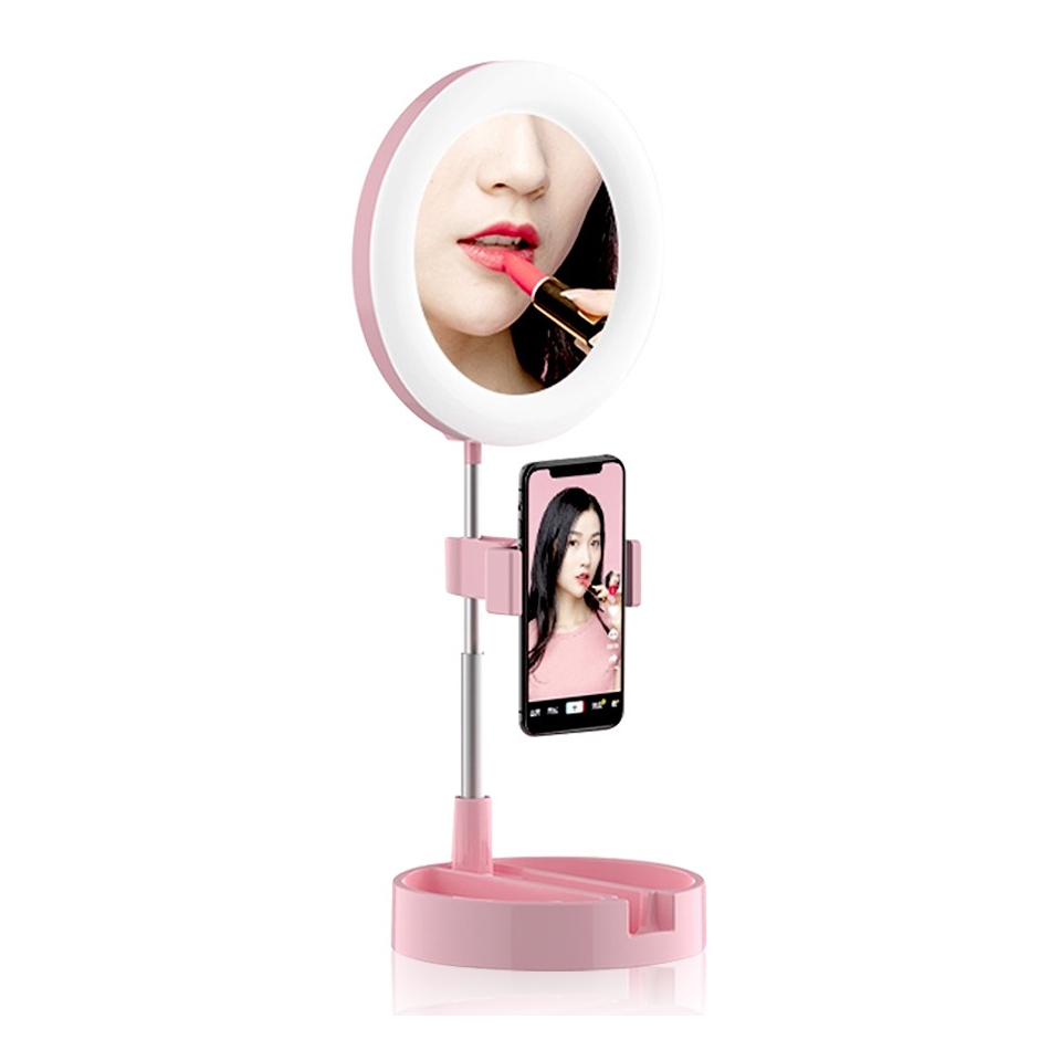 Зеркало с LED подсветкой для макияжа с держателем для телефона UFT MH2 Pink для бьюти блогеров